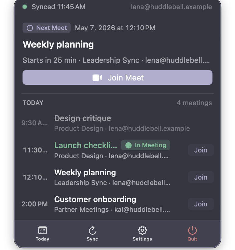 HuddleBell popover showing the next meeting, Weekly planning, starting in 25 minutes