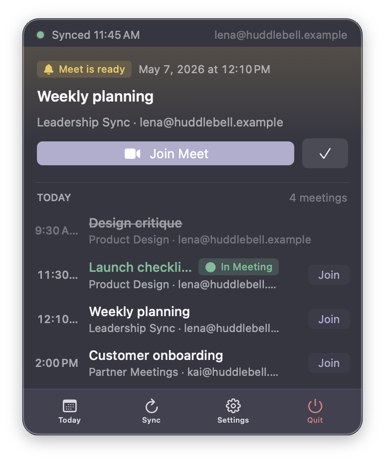HuddleBell menu bar popover, ready to join