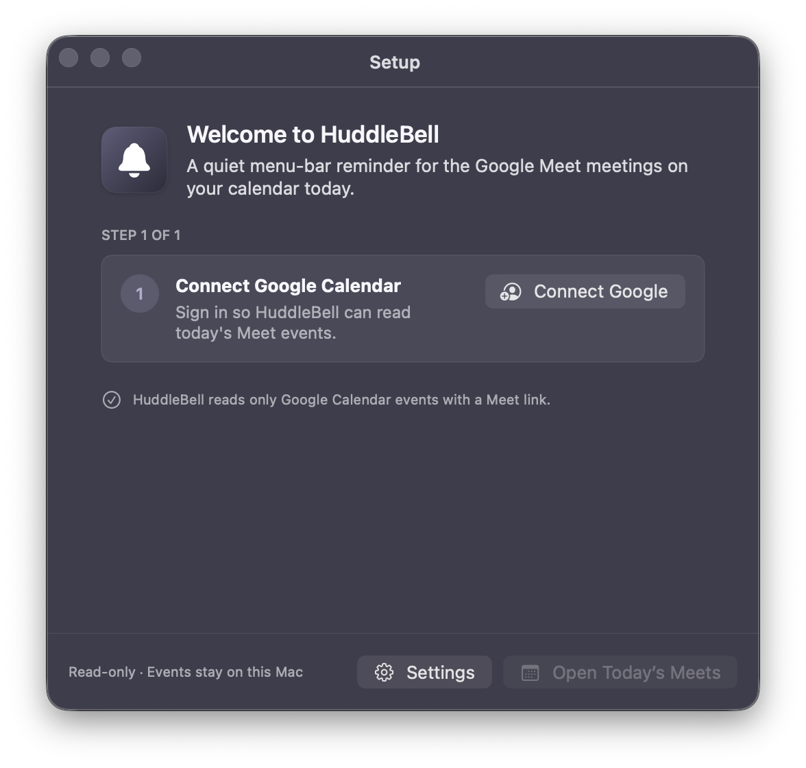 HuddleBell setup window asking to connect a Google Calendar, with read-only confirmation
